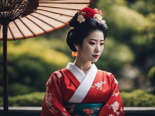 Fototapeta premium Portrait of a geisha adorned in traditional attire