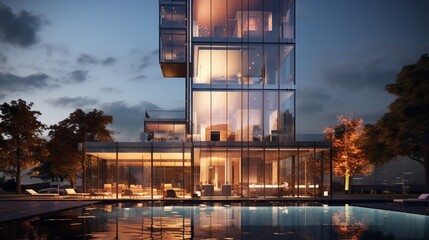 A hotel tower with a high-tech retreat concept, featuring a sleek exterior with customizable smart glass panels for a personalized guest experience.
