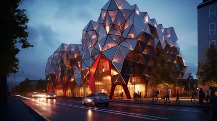 Tafelkleed A hotel with a morphing facade powered by AI, adapting to surroundings for an ever-changing, energy-efficient appearance. © ZUBI CREATIONS