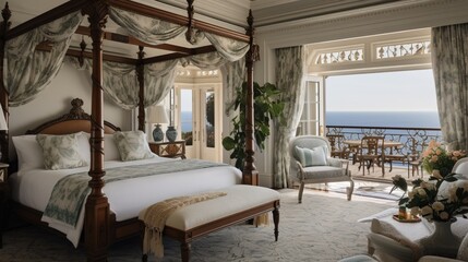 A lavish master bedroom with a four-poster bed, rich drapery, and intricate wall patterns, highlighting an adjacent balcony with ocean views.