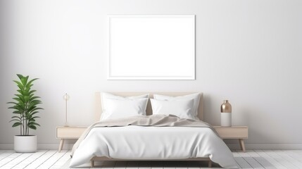 Mock up poster in white minimalistic bedroom, 3d render