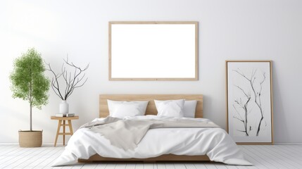 Mock up poster in white minimalistic bedroom, 3d render