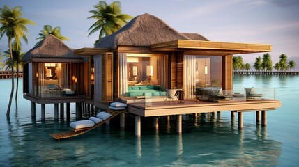 A luxury bungalow on stilts in a shallow lagoon, with a private dock extending out to the sea. Leave the bottom-right corner open for a logo.