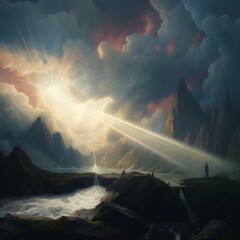 sunset with strong sunlight from the sky