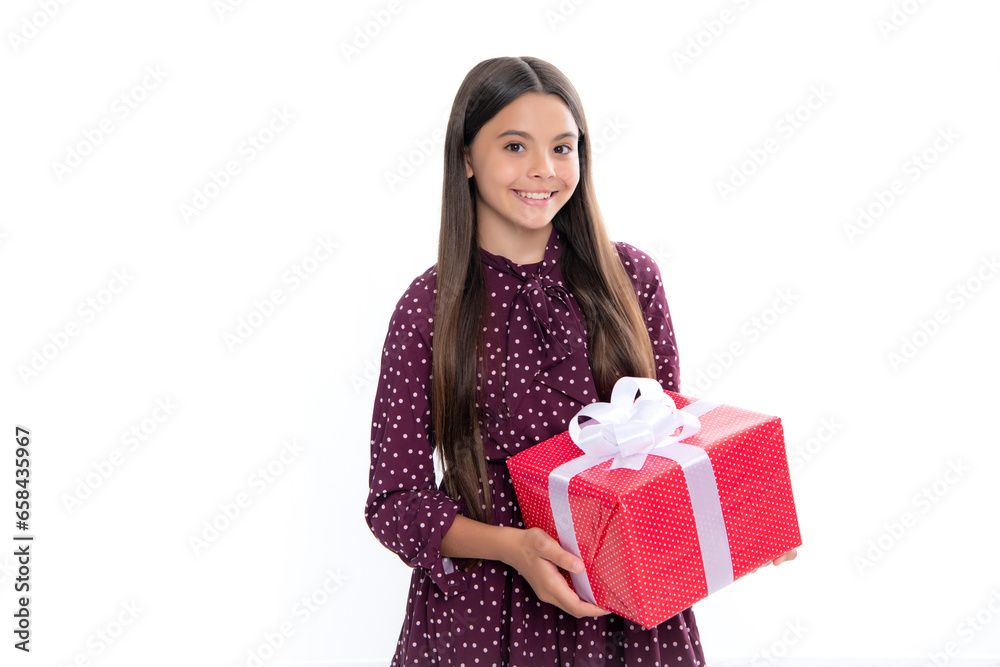 Poster Cute teenager child girl congratulate with valentines day, giving romantic gift box. Present, greeting and gifting concept. Birthday holiday concept. Portrait of happy smiling teenage child girl.