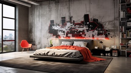 A modern, industrial-style bedroom with concrete walls, metallic accents, and bold splashes of red.