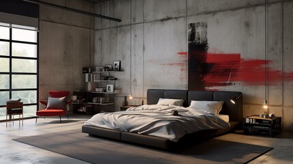 A modern, industrial-style bedroom with concrete walls, metallic accents, and bold splashes of red.