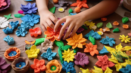 Generative AI, small child sculpts flowers from plasticine, hands, fingers, hobby, early development, kindergarten, modeling, kid, baby, do it yourself, crafts, fine motor skills, toddler, clay