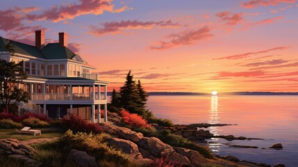 A New England coastal home overlooking a calm bay, with the sky painted in shades of orange and pink at sunrise. Keep the top-right corner empty for a logo.