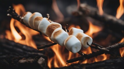 marshmallows toasting on a stick over a campfire - obrazy, fototapety, plakaty