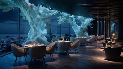 A restaurant with an ocean-inspired exterior, using dynamic LED lighting to create an immersive and modern dining experience.