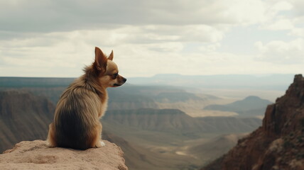 Chihuahua dog sitting at the top of mountain in Mexico. Copy space