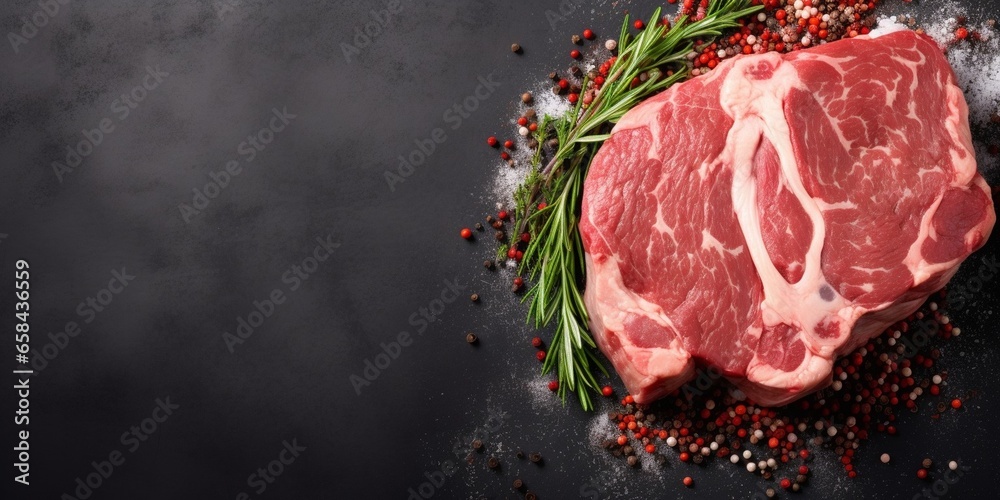 Poster raw fresh meat lamb mutton saddle. gray background. top view. copy space. : generative ai