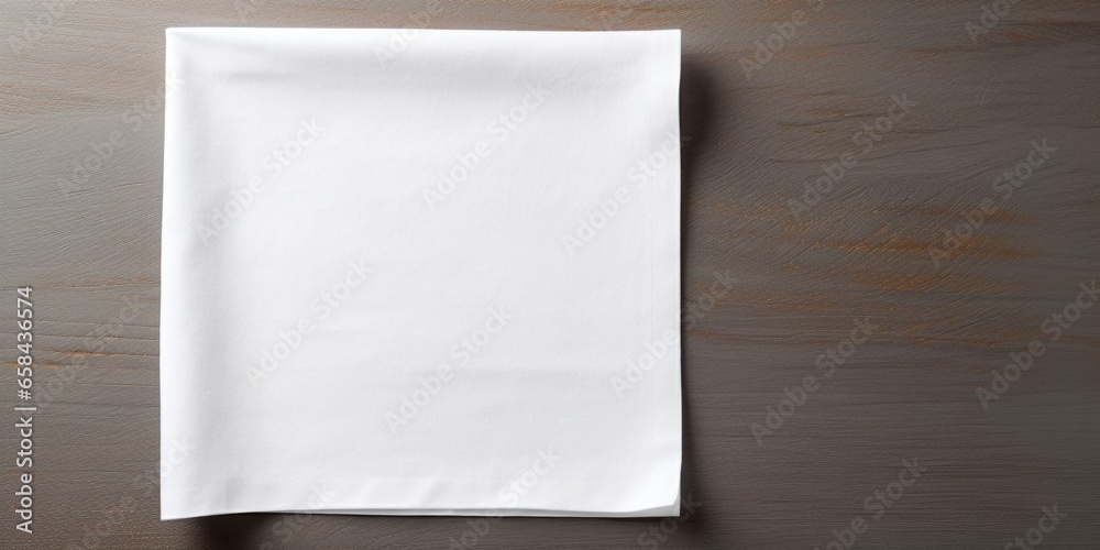 Poster top view with white empty kitchen napkin isolated on table background. Folded cloth for mockup with copy space, Flat lay. Minimal style. : Generative AI