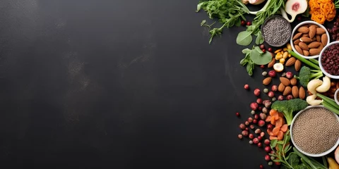 Deurstickers Superfoods on a gray background with copy space. Nuts, beans, greens and seeds. Healthy vegan food. : Generative AI © Generative AI