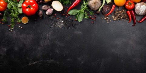 Food cooking background on black stone table. Fresh vegetables, herbs and spices. Top view with copy space. : Generative AI