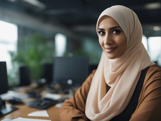 The portrait of a veiled Muslim intern taken in the office