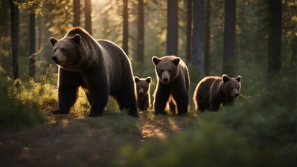 brown bear and bear cubs in the forest at sunset