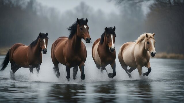 Wild herd of horses running in the cold and misty weather by the river