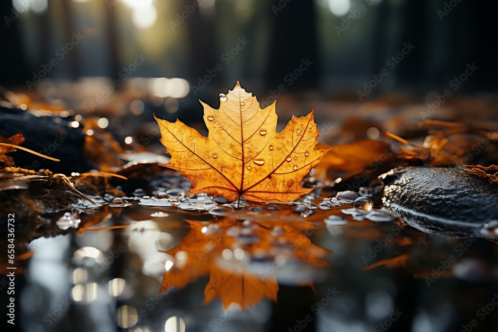Poster a portrait of a yellow and brown colored fallen leaf, fallen down into a puddle of water during fall