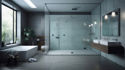 Modern bathroom with detailed granite and glass features, offering a wide, sunlit space with a window