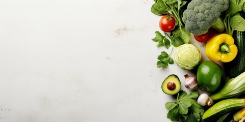Autoimmune protocol and paleo-friendly diet concept. 100 percent vegan, organic, sugar free, low carb, Fresh and healthy veggies background. Mix of green vegetables on white table, cop : Generative AI