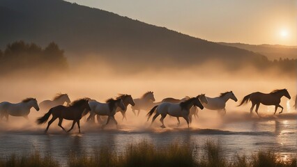 A wild herd of natural horses crossing the river, golden hour. - obrazy, fototapety, plakaty