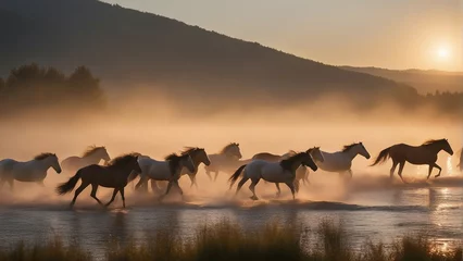 Fotobehang A wild herd of natural horses crossing the river, golden hour. © abu