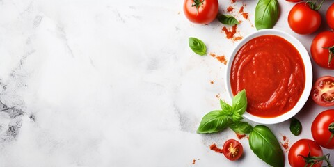 Homemade tomato sauce with spices and aromatic basil on white marble table top view. Copy space for your text. Recipe book cover concept. : Generative AI