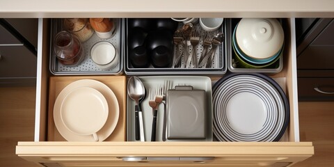 Top view modern housewife tidying up kitchen cupboard during general cleaning or tidying up. Female neatly placing dishware and cutlery in drawer of table. Storage organization Konmati : Generative AI - obrazy, fototapety, plakaty
