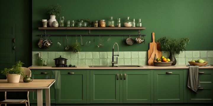 Vintage Green Kitchen. Green Kitchen Interior. Green Color Kitchen. Green Color Theme Kitchen. : Generative AI