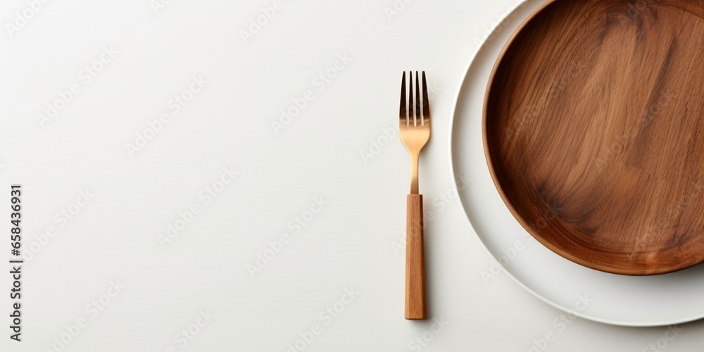 Poster white plate, fork and knife on light background. toned image. : generative ai