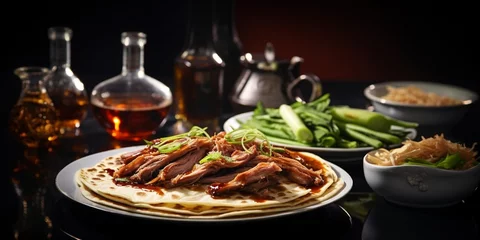 Washable wall murals Beijing Creatively lit succulent classic Chinese shredded Peking duck with Hoisin sauce and flour pancakes with sliced scallions and cucumber garnish. Copy space. : Generative AI