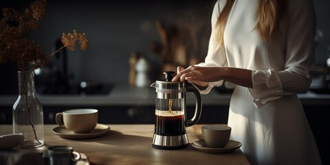 Fototapeta na wymiar Close up of woman pouring coffee into cup from french press : Generative AI