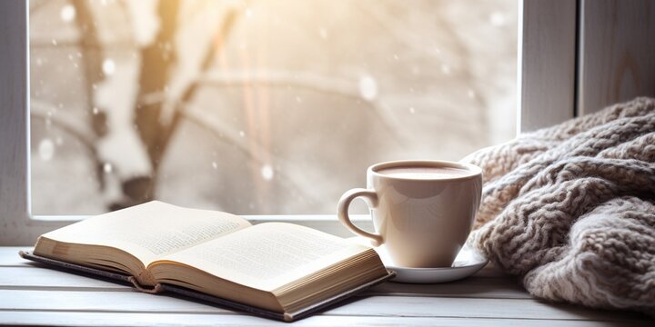 Coffee cup, open book, glasses, marshmallow and plaid on a window sill in winter. Concept warm and cozy home decor. Vintage style : Generative AI