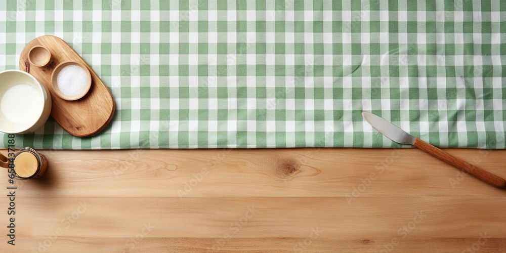 Poster white wooden table covered with green tablecloth and cooking utensils. view from top. empty tableclo