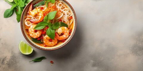 Laksa Shrimp bowl. glass noodle dish, top view, copy space. Asian Malaysian food with shrimps, bok choy, lime, ginger, and chili. Most variations of laksa are prepared with spicy cocon : Generative AI - obrazy, fototapety, plakaty