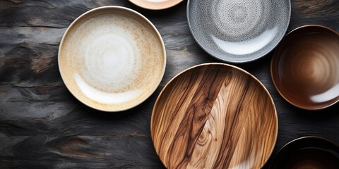 Modern ceramic and wooden crockery, trendy tableware, close-up. Dishes for serving and eating meals on a wooden background, top view. : Generative AI