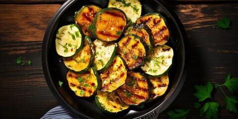 Grilled zucchini. Fried vegetable slices in aluminum form. Healthy summer veggie food. Top view. Copy space : Generative AI