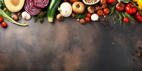 Foto auf Glas Raw organic vegetables with fresh ingredients for healthily cooking on vintage background, top view, banner. Vegan or diet food concept. Background layout with free text space. : Generative AI © Generative AI
