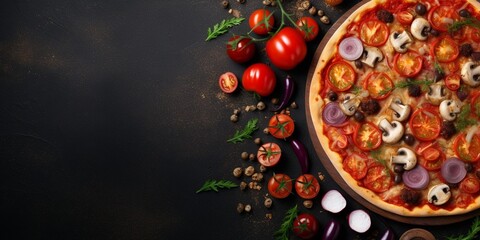 pizza vegetables tomato, onion, pickles, mushrooms, etc. vegan or vegetarian food ready to eat no meat portion on the table for healthy meal snack outdoor top view copy space food back : Generative AI
