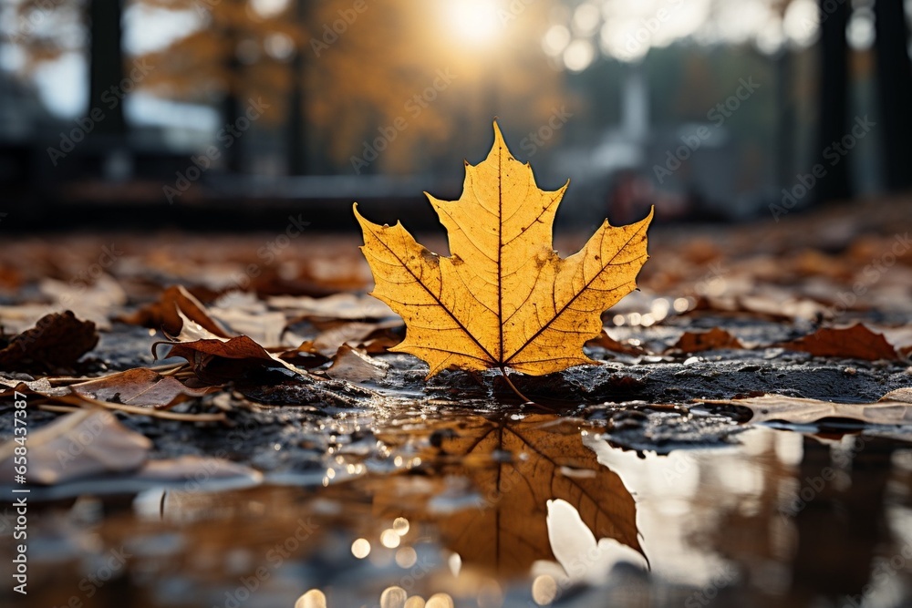 Poster a portrait of a yellow and brown colored fallen leaf, fallen down into a puddle of water during fall