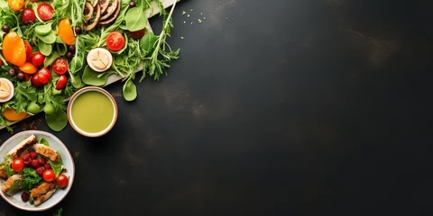 Deurstickers Vegan/vegetarian dinner background. Vegetable salad, sandwiches, fresh green smoothie. Healthy eating concept. Detox diet/plan. Space for text. Top view. Vegetarian lunch. Weight loss. : Generative AI © Generative AI
