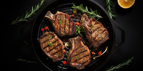 Poster BBq Grilled lamb mutton chops steaks in a pan. Black background. Top view. Copy space : Generative AI © Generative AI