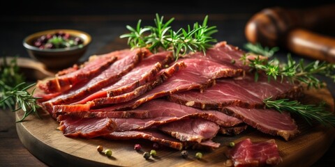 Pastrami slices, dried beef meat with herbs in wooden plate. Wooden background. Top view. Copy space : Generative AI - Powered by Adobe