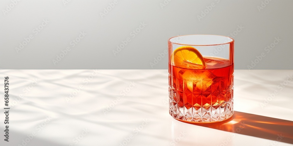 Poster glass of tasty negroni cocktail on light background with space for text : generative ai