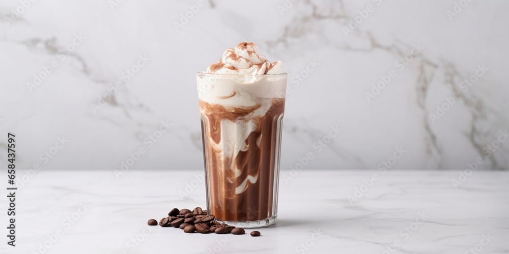 Aufkleber iced cocoa in clear glass on marble, copy space for your text : generative ai