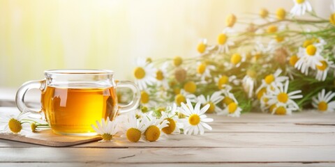 Chamomile herbal tea with flower buds, honey and lemon on a white wooden table and a bouquet of chamomile. Useful herbal, soothing drinks and natural healer concept. Immunity tea.Close : Generative AI