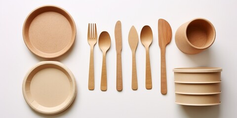 set of empty reusable disposable eco-friendly plates, cups, utensils on light white colored table background. top view. Biodegradable craft dishes. Recycling concept. Close-up. : Generative AI