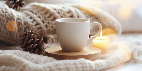 Cozy winter morning at home. Hot tea in cup, knitted plaid, gifts, candles, christmas tree and modern interior details. Winter Flat lay, cozy still life composition, hygge, menu : Generative AI - obrazy, fototapety, plakaty